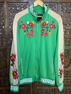 REASON Embroidered Green Track Jacket with Beige Accents